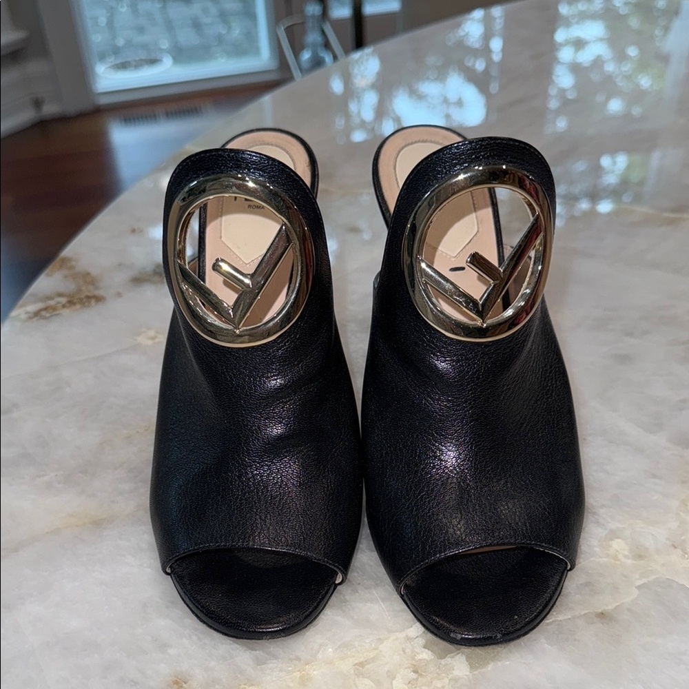 Fendi Black Mules with Chunky Heel and Ankle Straps